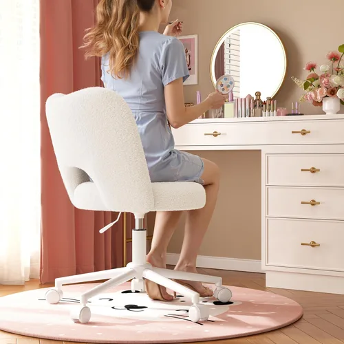 Miniatura 4 de DurayLoly Silla de Tocador con Ruedas Sin Brazos, Silla de Tocador Blanca con Respaldo, Silla de Escritorio Ultra-Suave de Felpa Linda, Silla