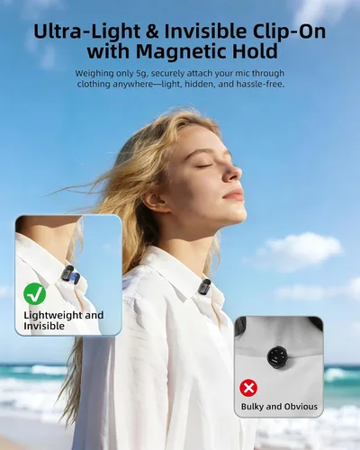 Miniatura 7 de Mini micrófono inalámbrico Lavalier para iPhone y cámara Android, micrófonos inalámbricos de doble canal con cancelación de ruido AI, rango de 328