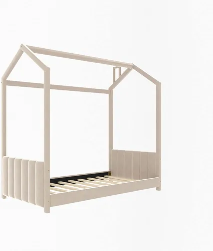 Miniatura 8 de MERITLINE Marco de cama individual para niños, cama Montessori de terciopelo con techo, cama de piso individual de madera para niñas y niños,