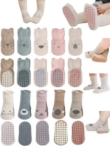 Calcetines antideslizantes con empuñaduras para bebés, niñas y niños, calcetines de dibujos animados antideslizantes para bebés, 10 pares