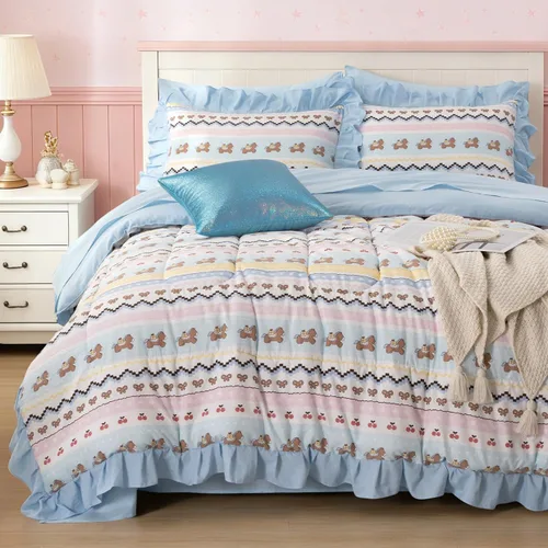 Aimuan Unicorn Striped Print Comforter Set for Kids Girls Boys, Kawaii Bow Bedding Set Bedroom Decor, Twin/Full/Queen (Twin, Blue-Pink)
