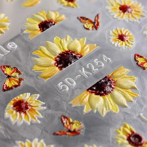 Miniatura 7 de 4 hojas de calcomanías de girasoles para uñas, calcomanías 5D en relieve de flores de sol de verano, calcomanías de uñas grabadas con flores
