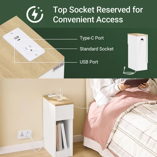 Miniatura 5 de SoBuy Mesita de noche estrecha con estación de carga, mesita de noche delgada con cajones, puertos USB y tipo C para dormitorio y sala de estar