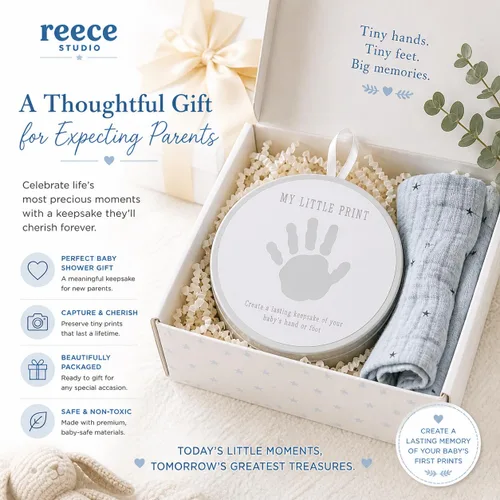 Miniatura 6 de Reece Studio Kit de arcilla para imprimir huellas de bebé en lata, creadores de huellas de mano o pie de recién nacido, caja de recuerdos para bebé