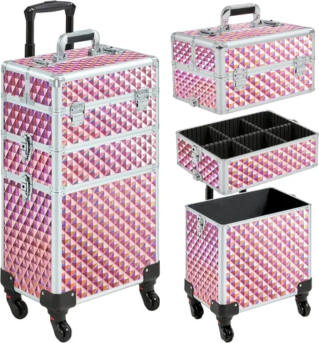 Miniatura 10 de Yaheetech Estuche de tren de maquillaje rodante 3 en 1, organizador de gran capacidad con ruedas giratorias, carrito cosmético para llaves para Negro