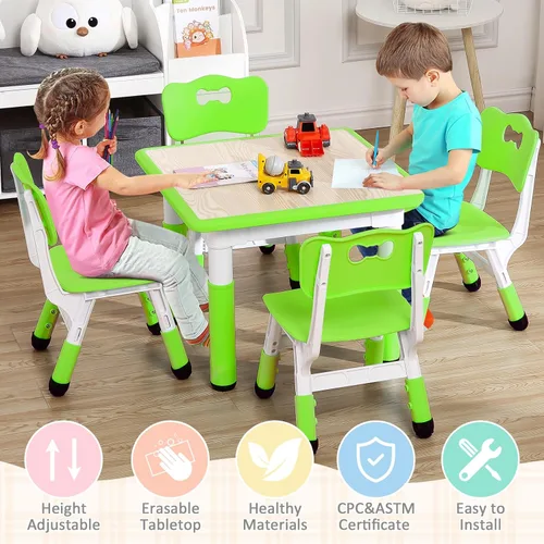 Miniatura 6 de Mesa y sillas para niños, mesa para niños de altura ajustable con juego de 4 sillas, mesas para niños de 2 a 10 años, escritorio de graffiti, mesa