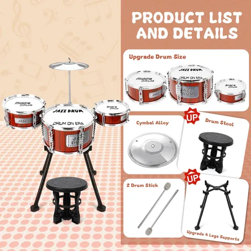 Miniatura 3 de Juego de Batería para Niños, Juguetes Musicales, Juego de Tambores para Niños Pequeñas de 3 a 5 Años, Kit de Tambores Jazz con Taburete, 3 Tambores