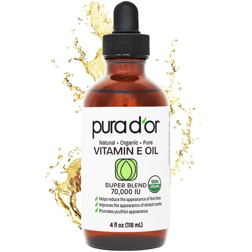 PURA D'OR Aceite orgánico de vitamina E de 4 onzas, 70,000 UI, certificado por la USDA, aceite para cara, cuerpo, cabello y baño con argán, jojoba,