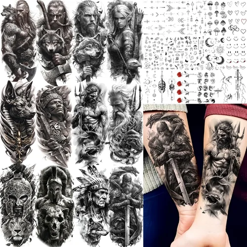Miniatura 11 de FANRUI 24 hojas de manga de tatuaje temporal de brazo completo súper grande para hombres con 8 hojas de tatuajes temporales de manga completa