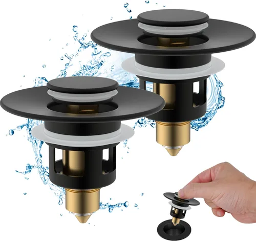 Miniatura 18 de Hibbent Paquete de 2 tapones universales de metal para lavabo de 1.1 a 2.3 pulgadas, colador de drenaje de fregadero emergente, tapón tipo empuje