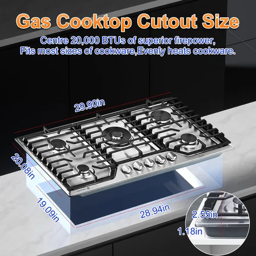 Miniatura 3 de AMZCHEF Placa de cocina de gas de 30 pulgadas con 5 quemadores SABAF fabricados en Italia. Máx. 48300 BTU/hr Estufa de gas incorporada de acero