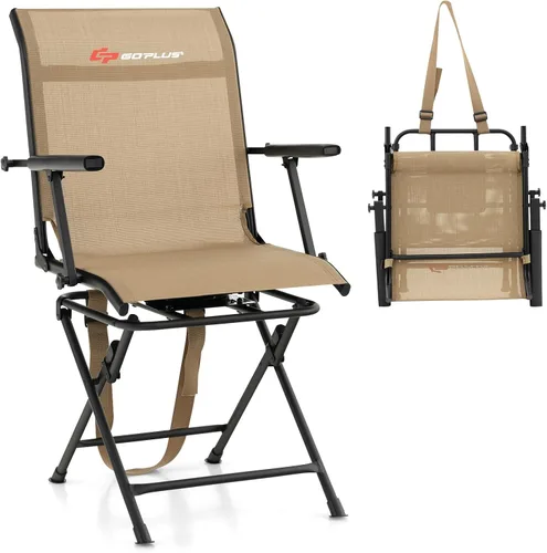 Goplus Silla de Caza, Silla Plegable Giratoria de 360° para Puesto de Caza con Correa de Transporte, Capacidad de 330 Libras, Taburete Portátil para