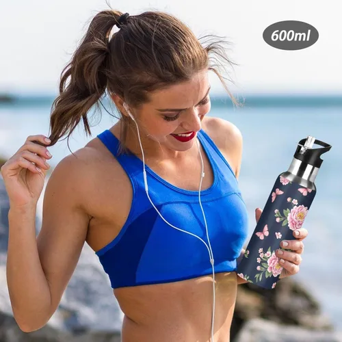 Miniatura 6 de Pink Peonies Botella de agua aislada de 20 onzas, botella de agua deportiva sin BPA con popote a prueba de fugas