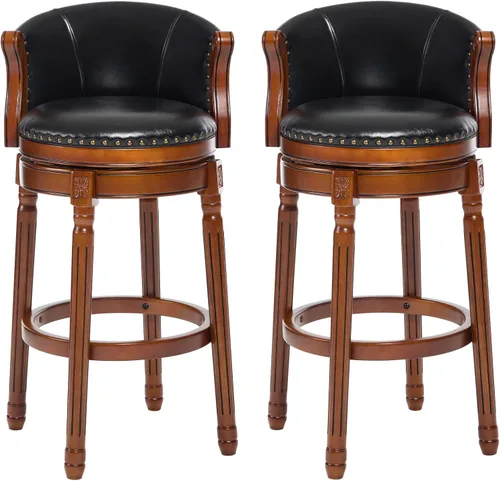Miniatura 8 de CozyRain Taburetes de bar de madera de goma, taburete de bar tapizado de cuero con respaldo y reposapiés para el hogar, cocina, mostrador, comedor