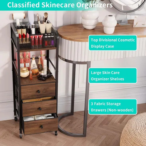 Miniatura 4 de HapiRm Organizador de Carrito de Maquillaje Rodante - Almacenamiento de Maquillaje y Cuidado de la Piel de Piso con 3 Cajones de Tela No Tejida