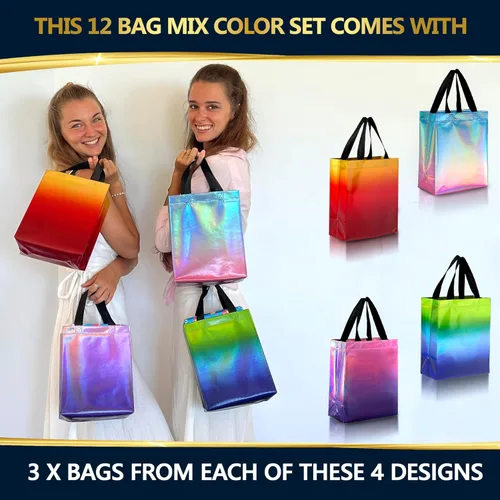 Miniatura 6 de Nush Nush Juego de 12 bolsas de regalo medianas degradadas – 4 impresionantes y brillantes bolsas de regalo reutilizables con asas – Bolsa de regalo