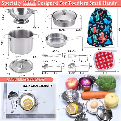 Miniatura 5 de Utensilios de cocina en miniatura, juguetes de cocina de juego de simulación, juego de cocina de acero inoxidable, juguetes de juego Montessori