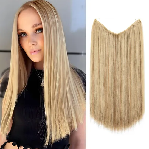 Miniatura 26 de SARLA Extensiones de cabello con alambre invisible de reflejos cortos rectas postizos sintéticos diadema transparente ajustable para mujeres 14