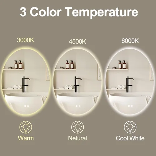 Miniatura 2 de Espejo de baño LED ovalado retroiluminado de 28 x 20 pulgadas, antiempañamiento, 3 colores, luz regulable, montado en la pared, espejo iluminado
