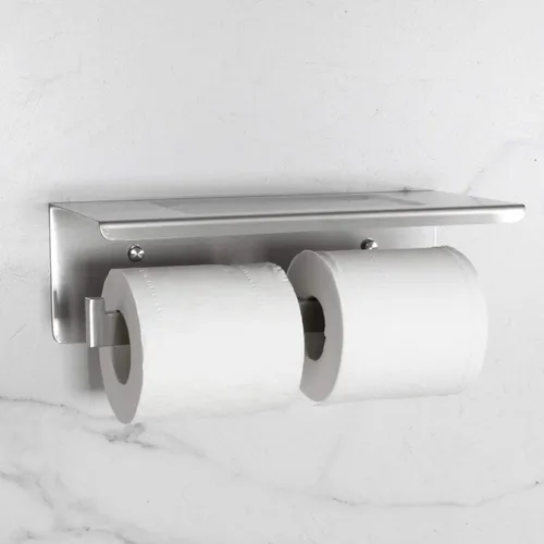 Miniatura 3 de Soporte de papel higiénico de baño con estante, soporte de papel higiénico de doble rollo de acero inoxidable, montaje en pared doble para Cepillado