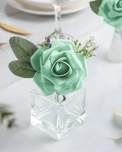 Miniatura 4 de DuHouse 25 rosas artificiales con tallos, flores de espuma de tacto real para bricolaje, ramo de boda, centro de mesa, arreglo floral, fiesta, Verde