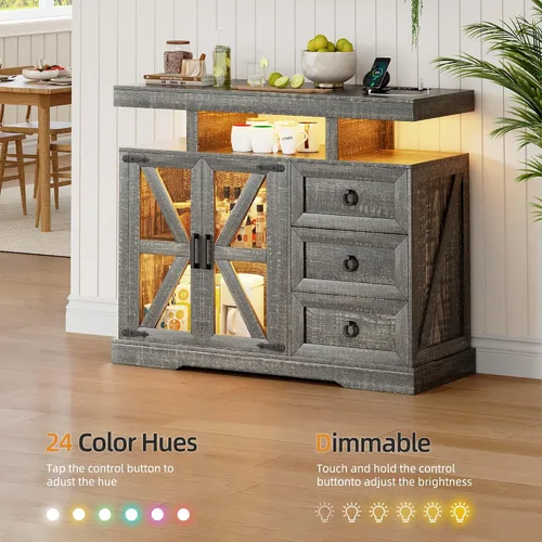 Miniatura 4 de Gurexl Buffet de granja con almacenamiento, aparador LED de 40 pulgadas de ancho con estación de carga inalámbrica, barra de café RGB con sensor