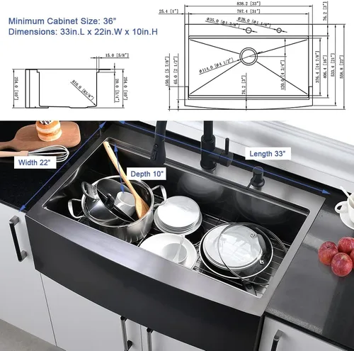 Miniatura 6 de Fregadero In-Hovheir de 33 pulgadas de acero inoxidable negro de 33 x 22 pulgadas, fregadero de cocina de granja con delantal, fregadero de cocina