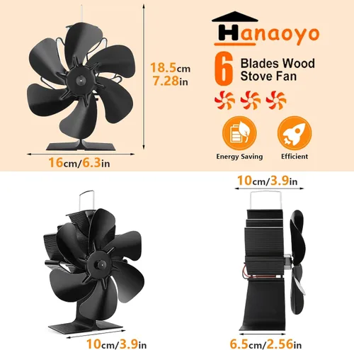 Miniatura 4 de Hanaoyo Ventilador de Estufa de Leña, Ventilador de Estufa de Leña con 6 Cuchillas Alimentado por Calor, Ventilador de Chimenea con Termómetro