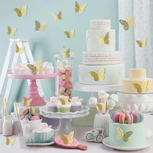 Miniatura 4 de Decoraciones de mariposas, decoración de pared de mariposas doradas 3D, decoración de pastel de cumpleaños, 24 piezas, 3 estilos y tamaños, Oro 3