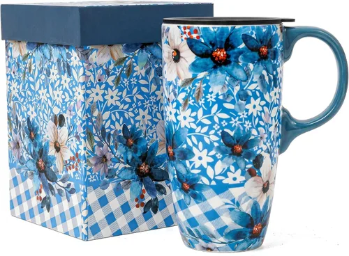 Topadorn Taza de Cerámica para Café de Porcelana Latte Taza de Té con Tapa en Caja de Regalo 17oz, Flores Azules