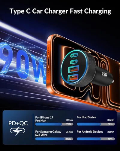 Miniatura 3 de Cargador de Coche USB C, Cargador de Teléfono de Coche de 4 Puertos 90W de Carga Súper Rápida Accesorios de Cargador de Coche Dual USB-C y USB-A