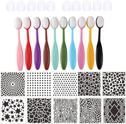 Miniatura 11 de Juego de 10 pinceles de mezcla de tinta, para manualidades, manualidades, papel para manualidades, con 6 plantillas de plástico para hacer tarjetas