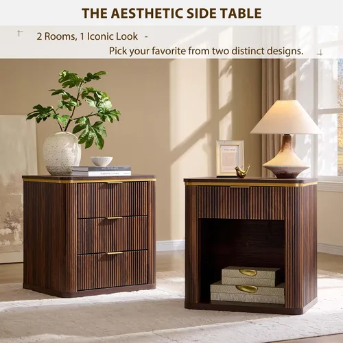 Miniatura 7 de T4TREAM 61 cm de gran mesita de noche de mediados de siglo con 3 cajones acanalados, mesa auxiliar, mesita de noche para dormitorio, sala de estar
