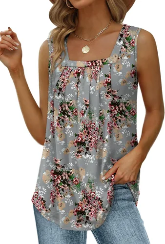 Miniatura 71 de Saloogoe - Camisetas sin mangas veraniegas para mujeres, plisadas con cuello cuadrado y dobladillo curvado, blusas de ajuste holgado con movimiento
