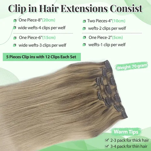 Miniatura 3 de Extensiones de cabello humano con pinzas, 12 pulgadas, extensiones de cabello humano real con pinzas, 2.47 onzas, 5 unidades, color marrón dorado a