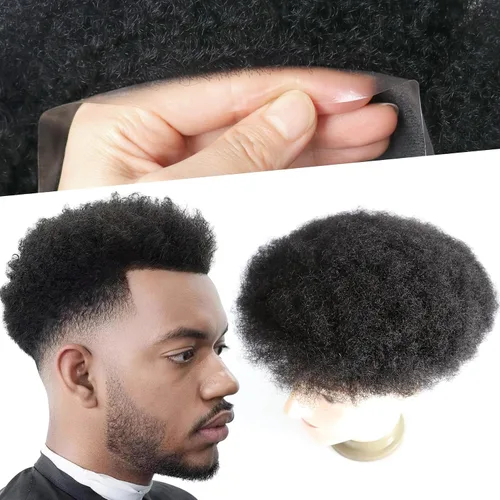 Miniatura 17 de Pelucas Afro Rizadas Toupé para Hombres Pelucas para Hombre Afroamericano Negro Unidad de Cabello Masculino Negro Rizado Afro Tejido Masculino