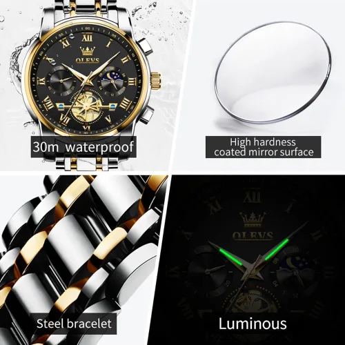 Miniatura 5 de OLEVS Relojes para hombre impermeables de acero inoxidable con pulsera ajustable, reloj analógico de cuarzo para hombre, moda de negocios, clásico