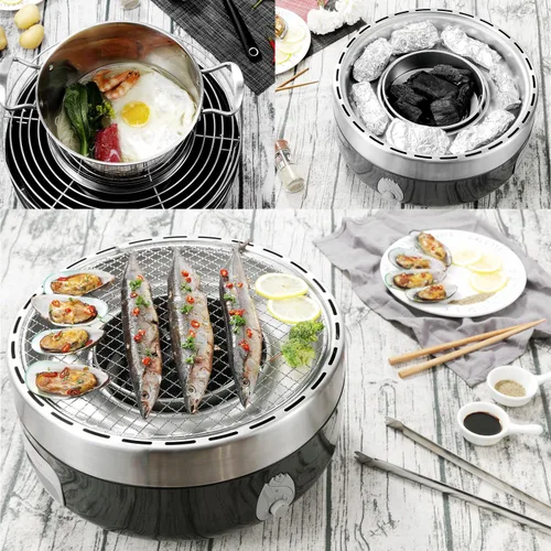 Miniatura 8 de Parrilla portátil de carbón para exteriores para acampar con bolsa de viaje - Pequeña parrilla de mesa con opción de bandeja con humo y sin humo