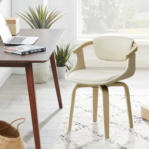 Miniatura 12 de Art Leon Silla de escritorio sin ruedas, silla giratoria moderna de mediados de siglo, silla de escritorio de piel sintética para espacios pequeños