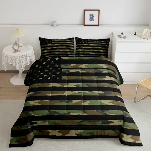 Feelyou Juego de edredón de camuflaje del ejército con bandera estadounidense, decoración militar, camuflaje verde selva, bandera de Estados Unidos,