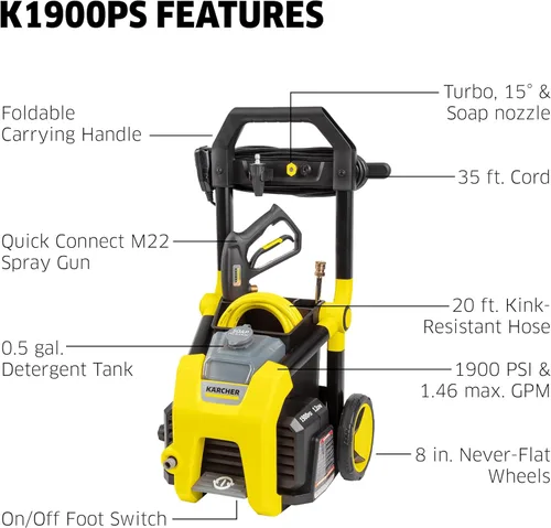 Miniatura 2 de Kärcher Lavadora a presión K1900PS, certificado CETA, 3 boquillas de pulverización, tanque de detergente, para automóviles, calzadas, Amarillo
