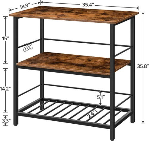 Miniatura 2 de HOOBRO Isla de cocina con estante para vino, contador industrial de isla con ganchos y rieles protectores, estante de cocina de 3 niveles
