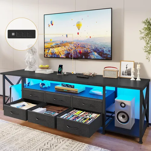 BTHFST Soporte de TV con luces LED y tomas de corriente, para televisores de hasta 85 pulgadas, 6 cajones de tela, centro de entretenimiento con