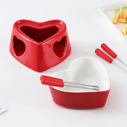 Miniatura 5 de Sizikato Juego de fondue de chocolate de porcelana roja en forma de corazón, 10 onzas
