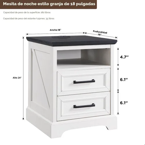 Miniatura 2 de ACCOHOHO Mesita de noche de 18" estilo granja con estación de carga, mesa auxiliar con 2 cajones de almacenamiento, mesa de cabecera, mueble