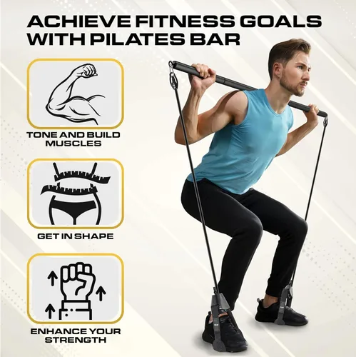 Miniatura 6 de Kit de barra de pilates con bandas de resistencia para mujeres y hombres (30,40,50 libras), barra de pilato con cinturones antideslizantes