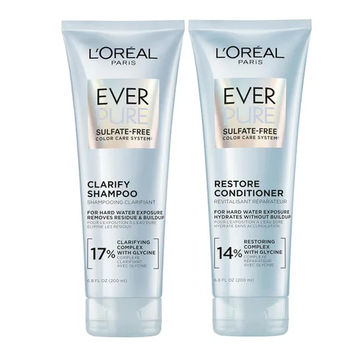 L'Oreal Paris Juego de champú y acondicionador sin sulfato Clarify and Restore con antioxidantes para exposición al agua dura y acumulación de
