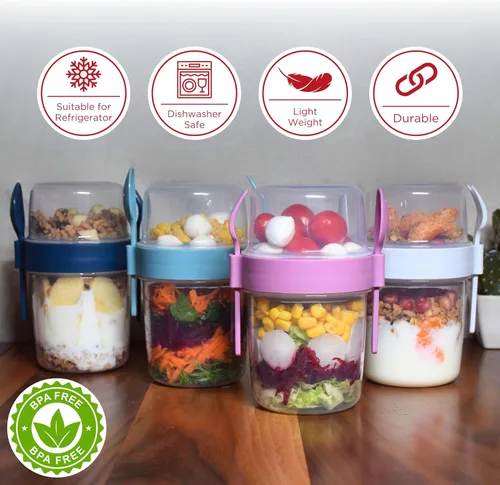 Miniatura 4 de salda Paquete de 4 tazas de desayuno sobre la marcha, taza de yogur para llevar y llevar con cobertura de cereales con cuchara y tenedor, frasco