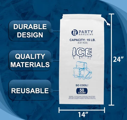 Miniatura 3 de Party Bargains Bolsas de hielo de plástico con cordón de 15 libras, 600 unidades, 24 x 14 pulgadas, bolsas de almacenamiento de hielo duraderas