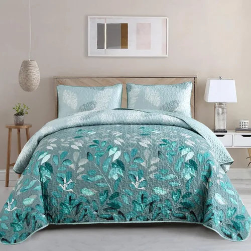 WONGS BEDDING Juego de edredón floral tamaño Queen, 3 piezas, colcha con hojas botánicas en color agua, juego de edredón con 2 fundas de almohada